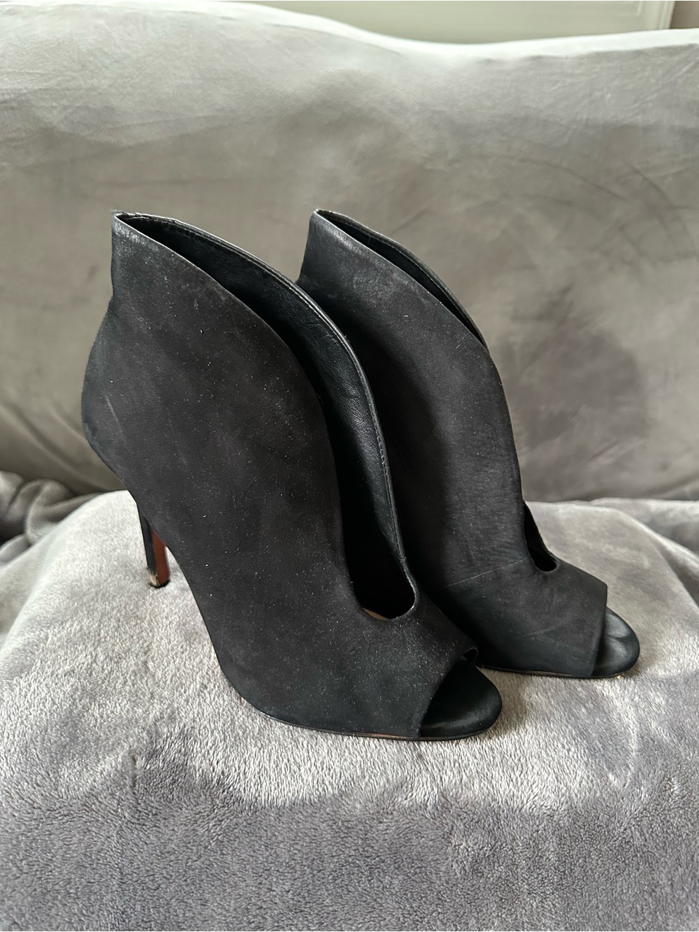SCHUTZ Black Suede Peep-Toe Ankle Booties